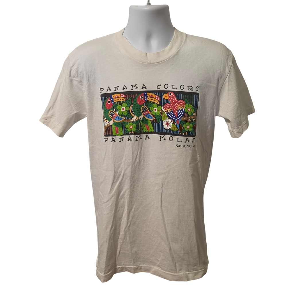 Vintage Panama Colors Molas Graphic T-Shirt White Toucan Parrot Men Small
